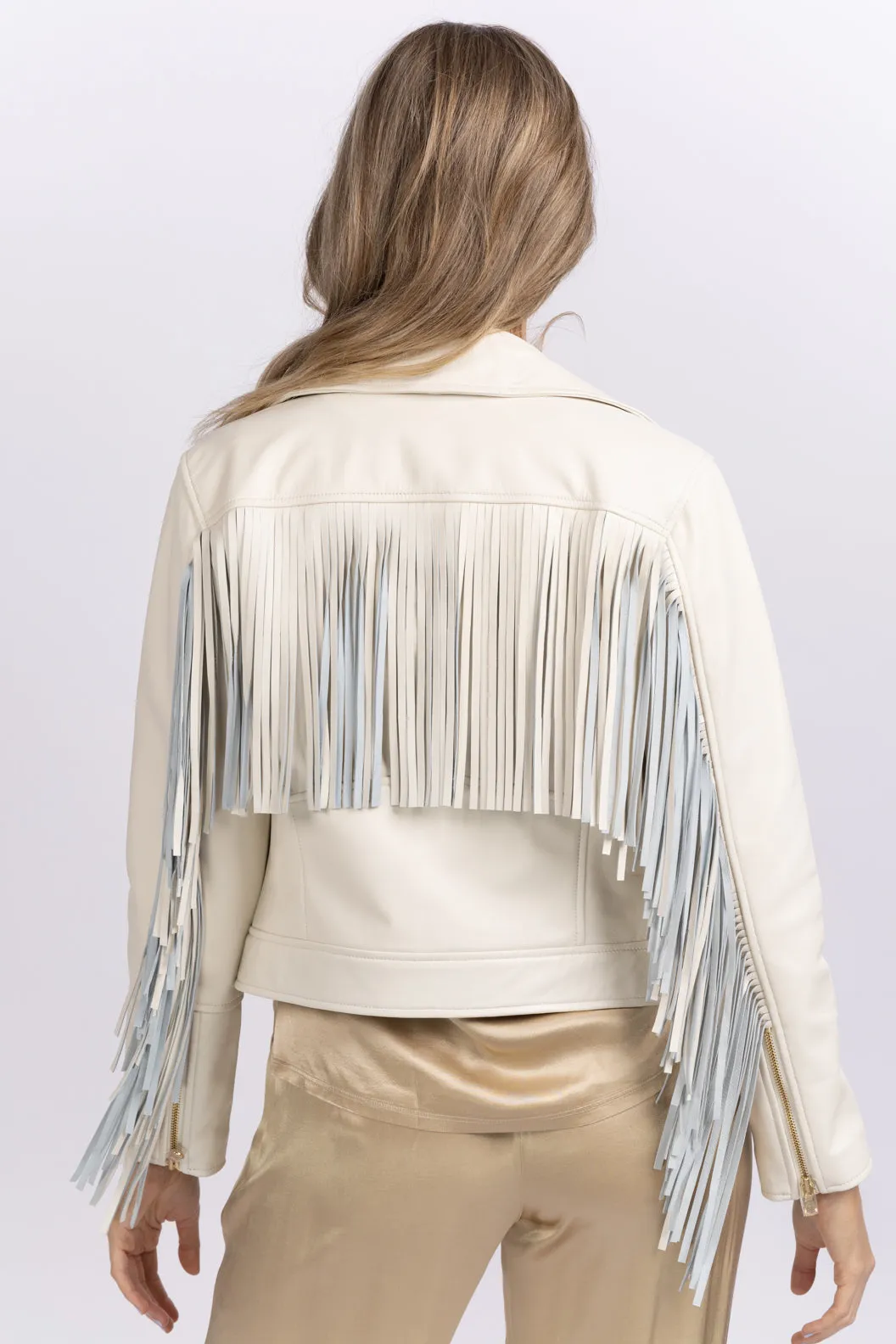 L'AGENCE Kravitz Fringe Leather Jacket in Cream