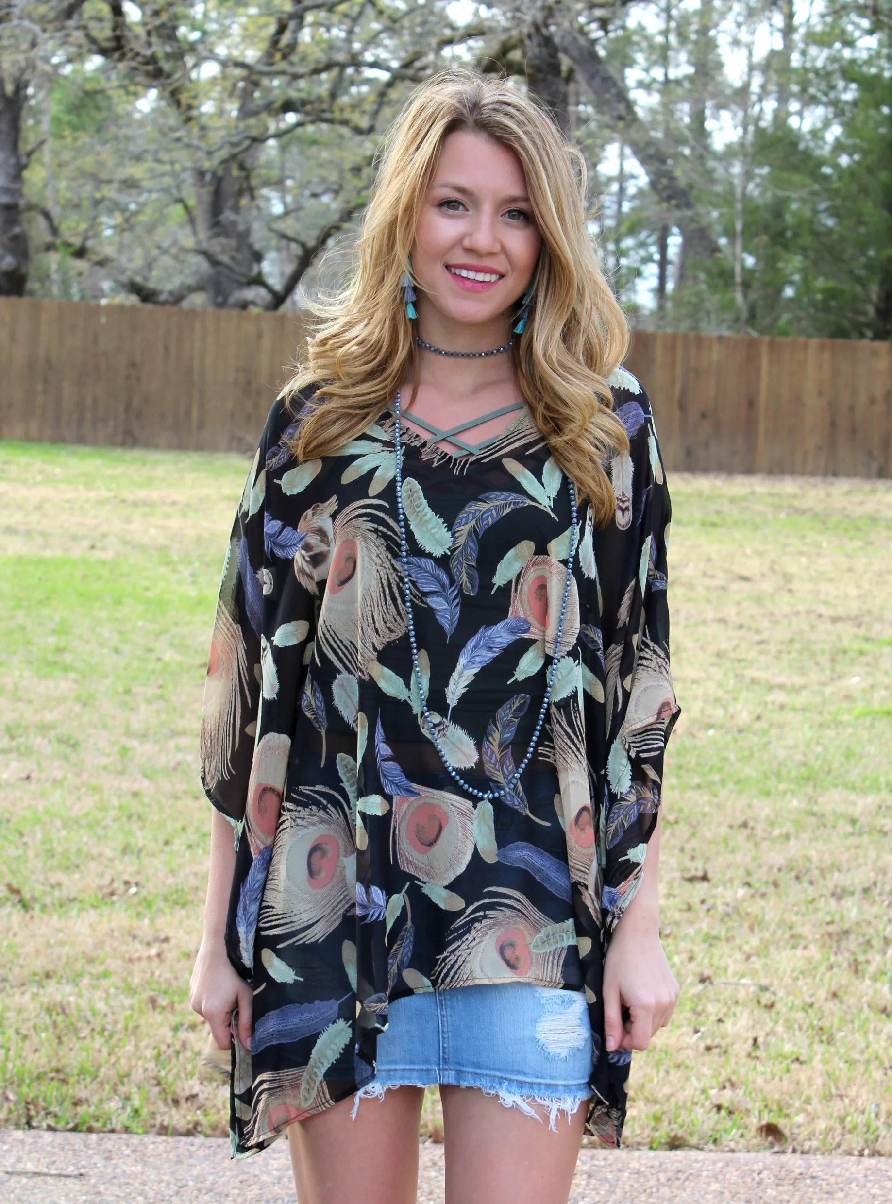 Last Chance Size Medium | Sure Thing Sheer Feather Print Oversized Poncho Top in Black