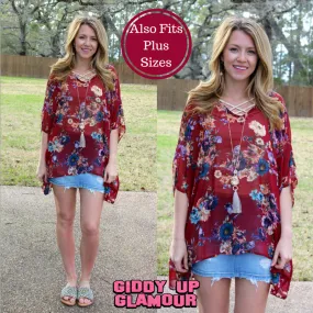 Last Chance Size Medium | Sure Thing Sheer Floral Oversized Poncho Top in Maroon | ONLY 1 LEFT!