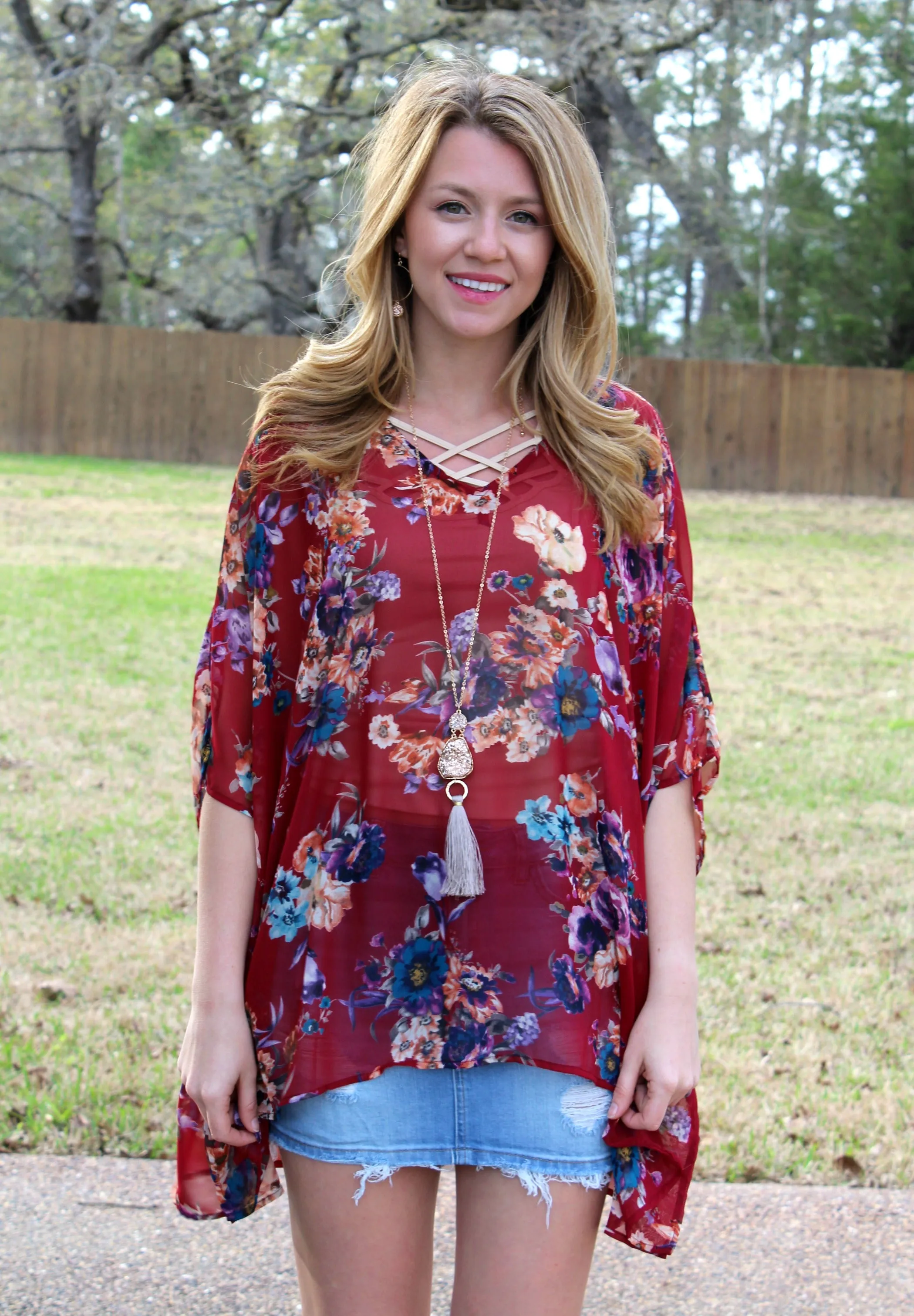 Last Chance Size Medium | Sure Thing Sheer Floral Oversized Poncho Top in Maroon | ONLY 1 LEFT!