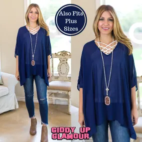 Last Chance Size Small & Med. | Sure Thing Sheer Oversized Poncho Top in Navy Blue