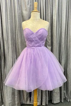 Lavender Faux-Wrap Strapless Sweetheart Pleated Tulle Homecoming Dress