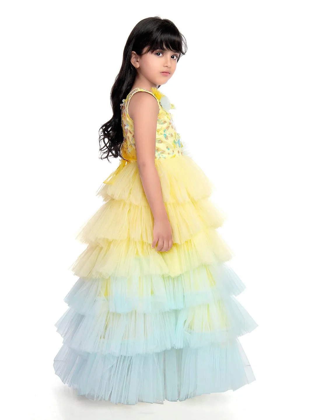 Lemon Coloured Trendy Frill Style Gowns For Girls / Imported Gown For Girls / 6 Frills / Birthday Dress