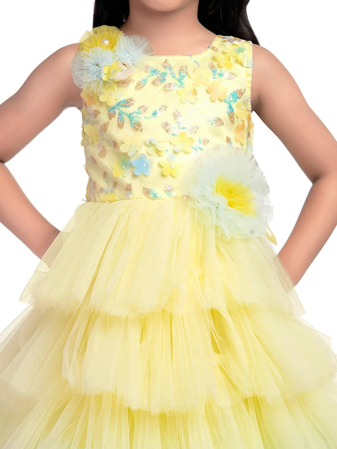 Lemon Coloured Trendy Frill Style Gowns For Girls / Imported Gown For Girls / 6 Frills / Birthday Dress