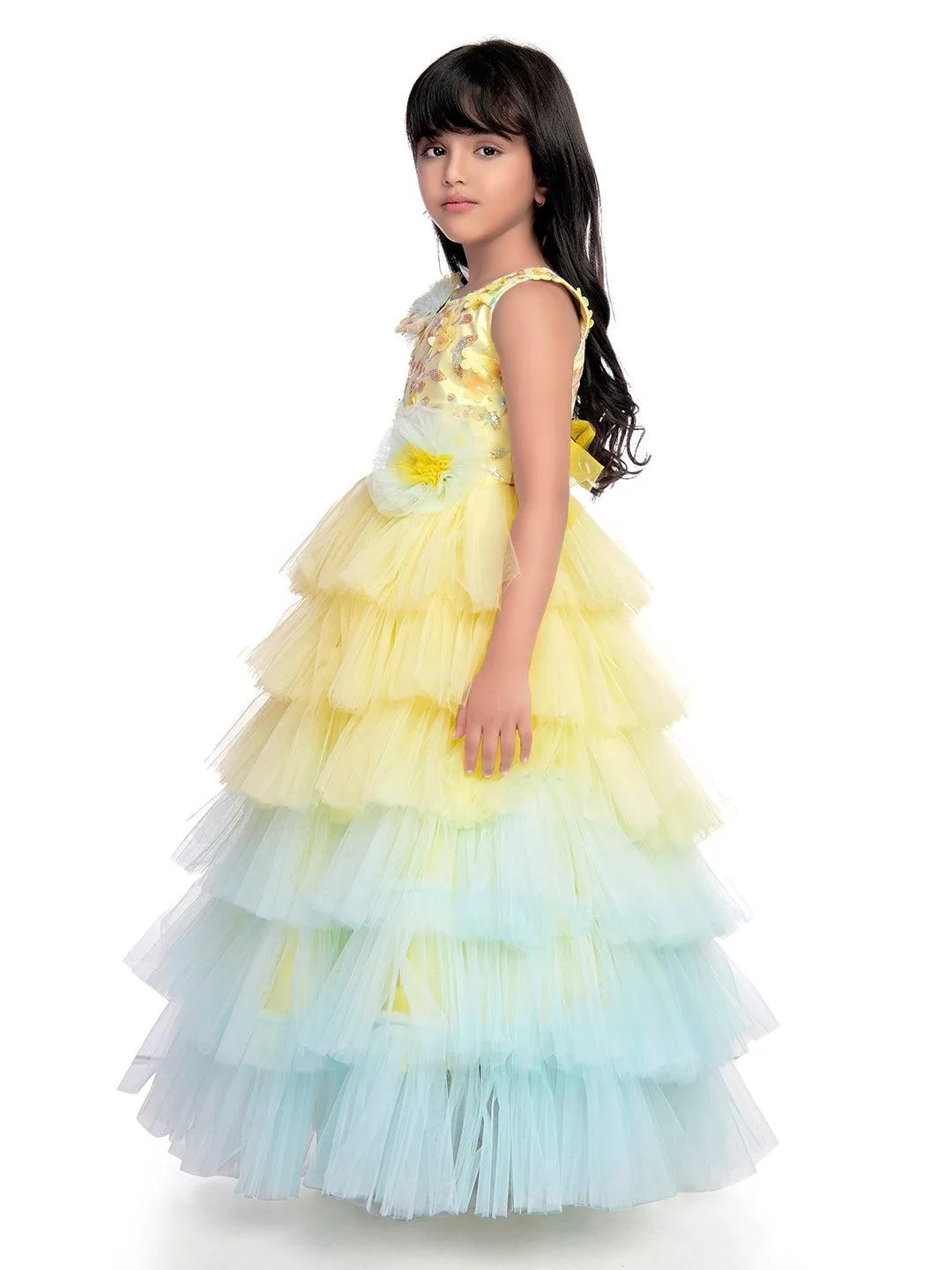 Lemon Coloured Trendy Frill Style Gowns For Girls / Imported Gown For Girls / 6 Frills / Birthday Dress