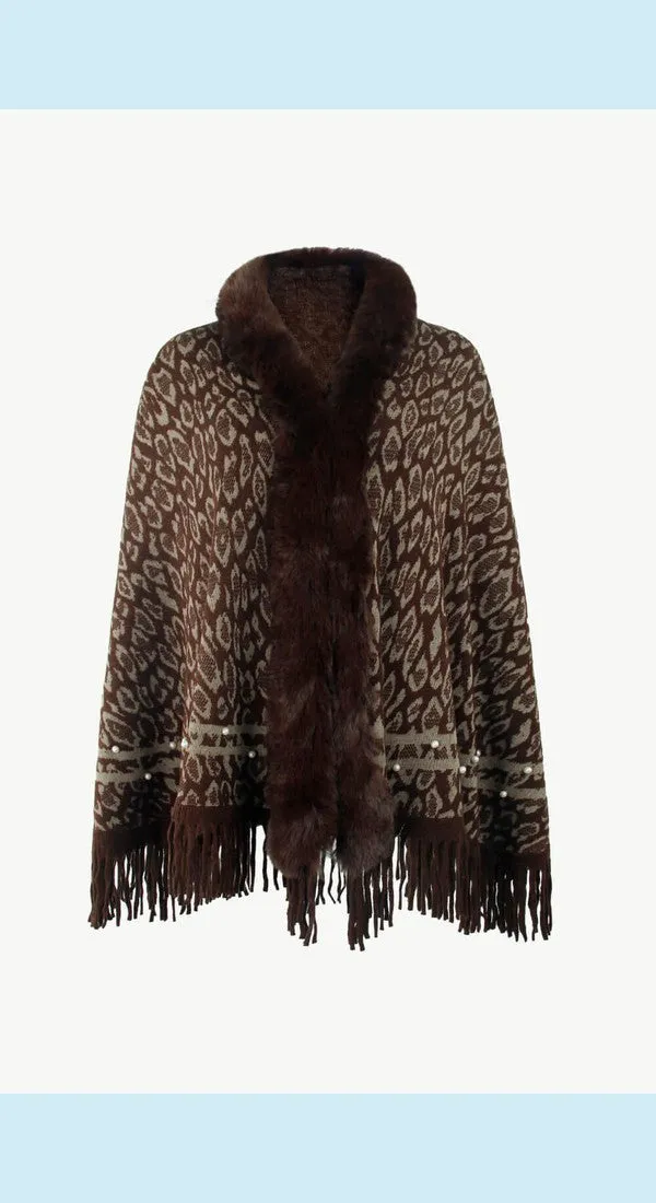 Leopard Fluffy Trim Fringe Hem Poncho Available Now