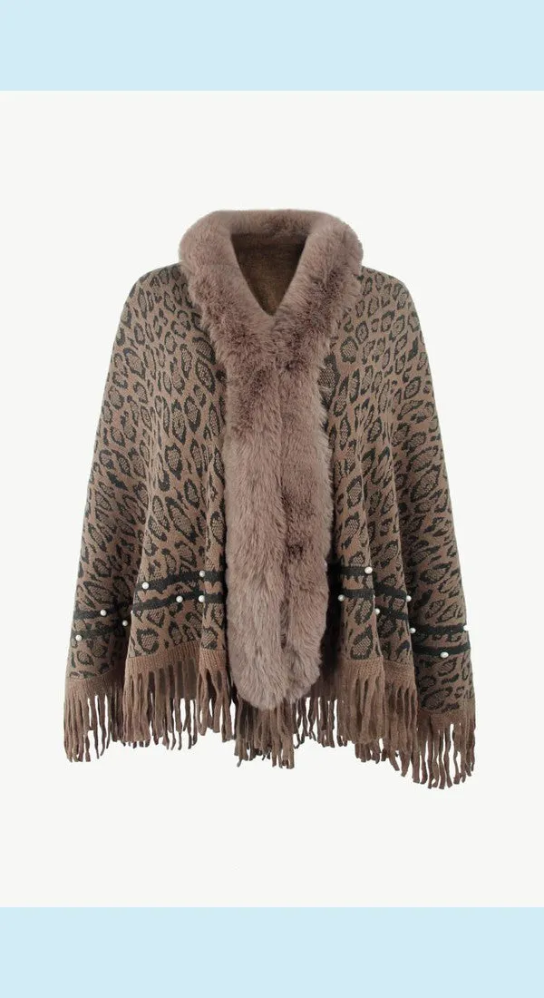 Leopard Fluffy Trim Fringe Hem Poncho Available Now