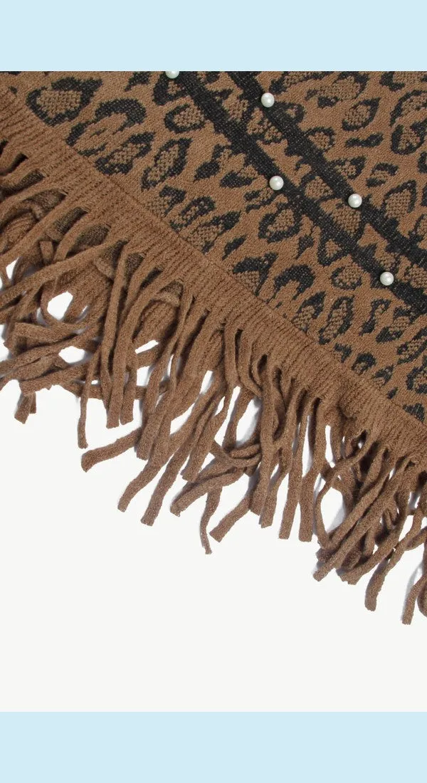 Leopard Fluffy Trim Fringe Hem Poncho Available Now