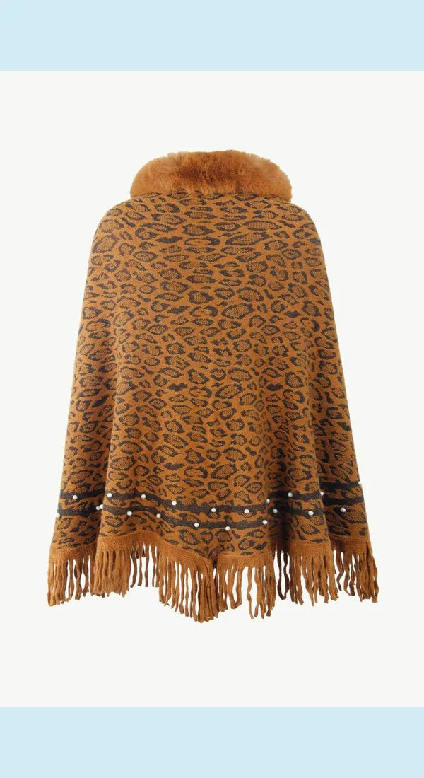 Leopard Fluffy Trim Fringe Hem Poncho Available Now