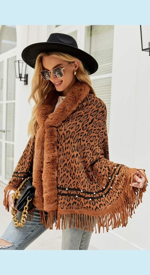 Leopard Fluffy Trim Fringe Hem Poncho Available Now