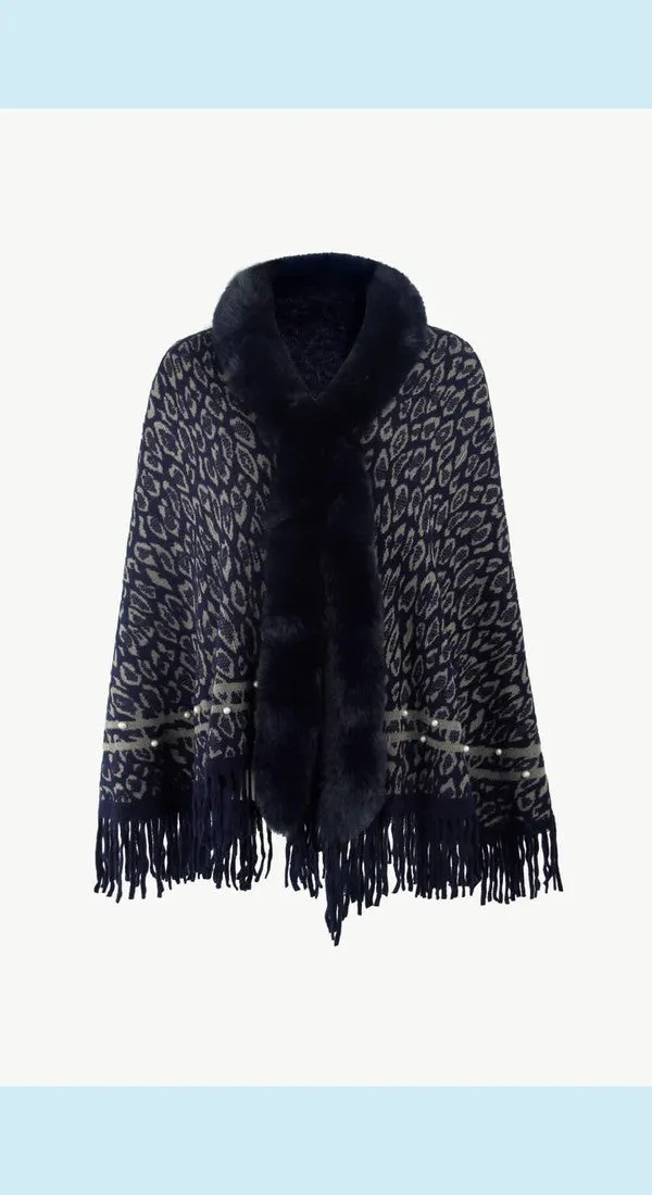 Leopard Fluffy Trim Fringe Hem Poncho Available Now