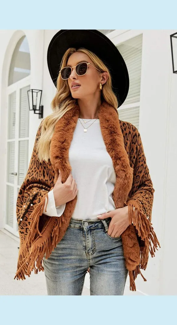 Leopard Fluffy Trim Fringe Hem Poncho Available Now