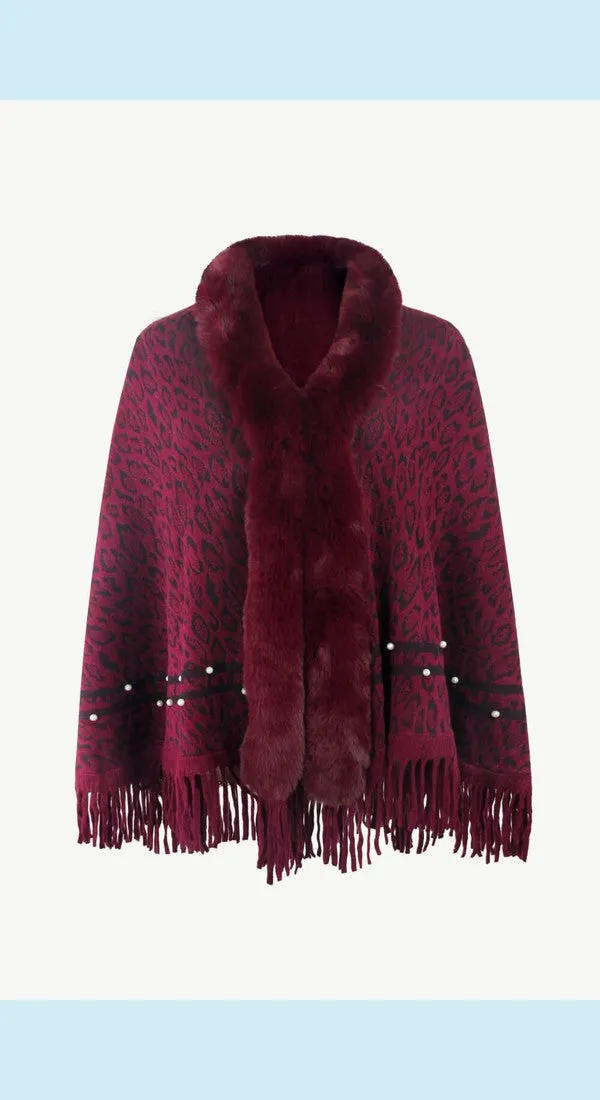 Leopard Fluffy Trim Fringe Hem Poncho Available Now