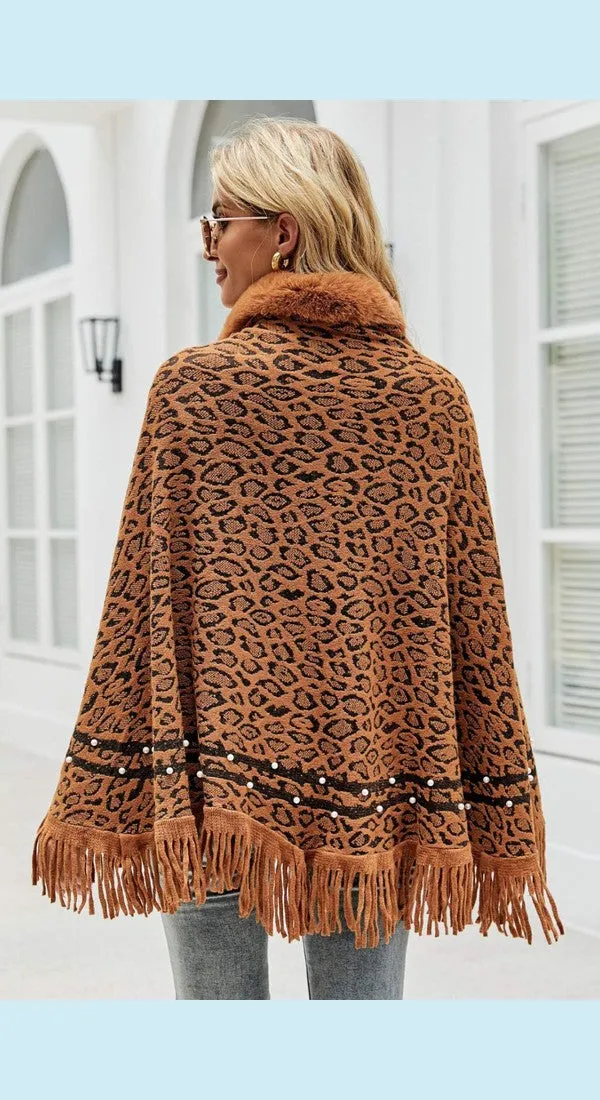 Leopard Fluffy Trim Fringe Hem Poncho Available Now