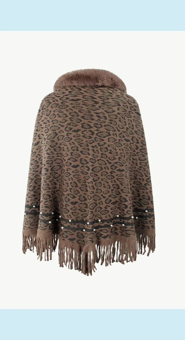 Leopard Fluffy Trim Fringe Hem Poncho Available Now