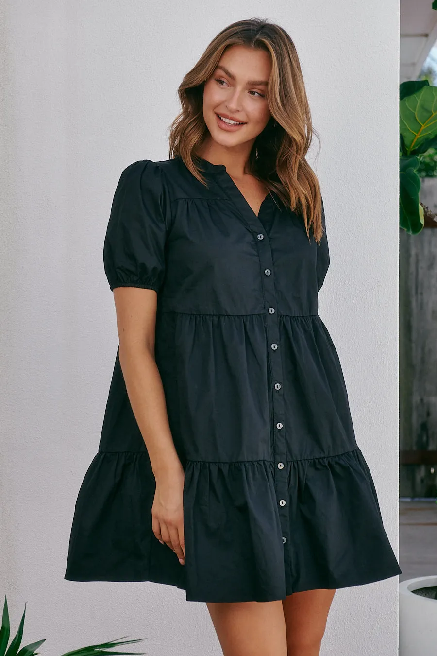 Leticia Cap Sleeve Black Button Dress