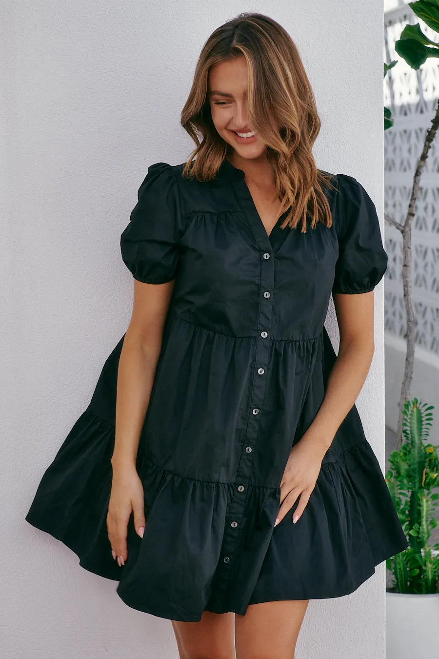 Leticia Cap Sleeve Black Button Dress