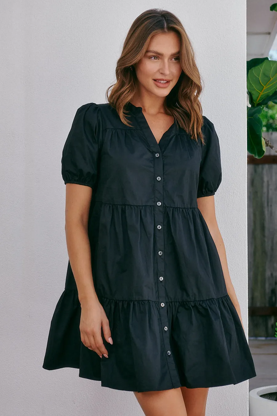 Leticia Cap Sleeve Black Button Dress