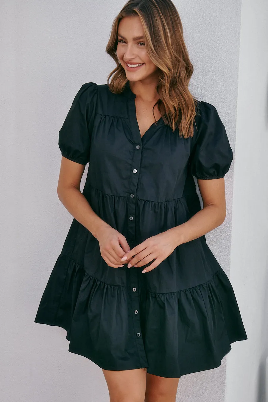 Leticia Cap Sleeve Black Button Dress