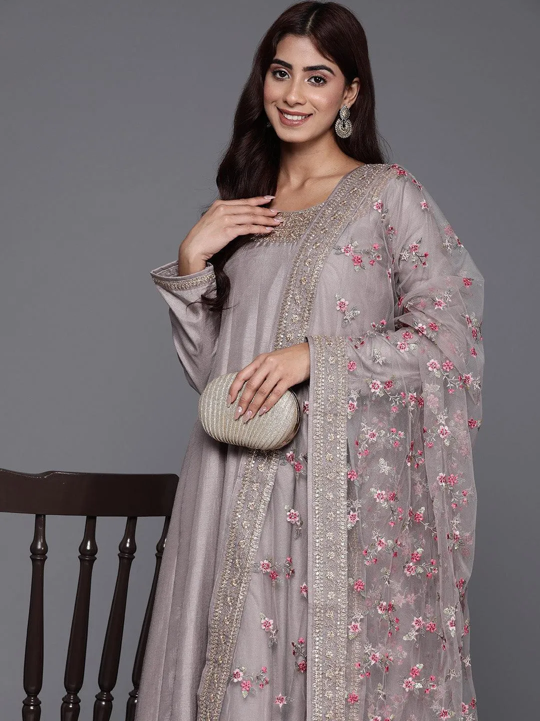 Libas Art Grey Yoke Design Silk Anarkali Suit With Dupatta