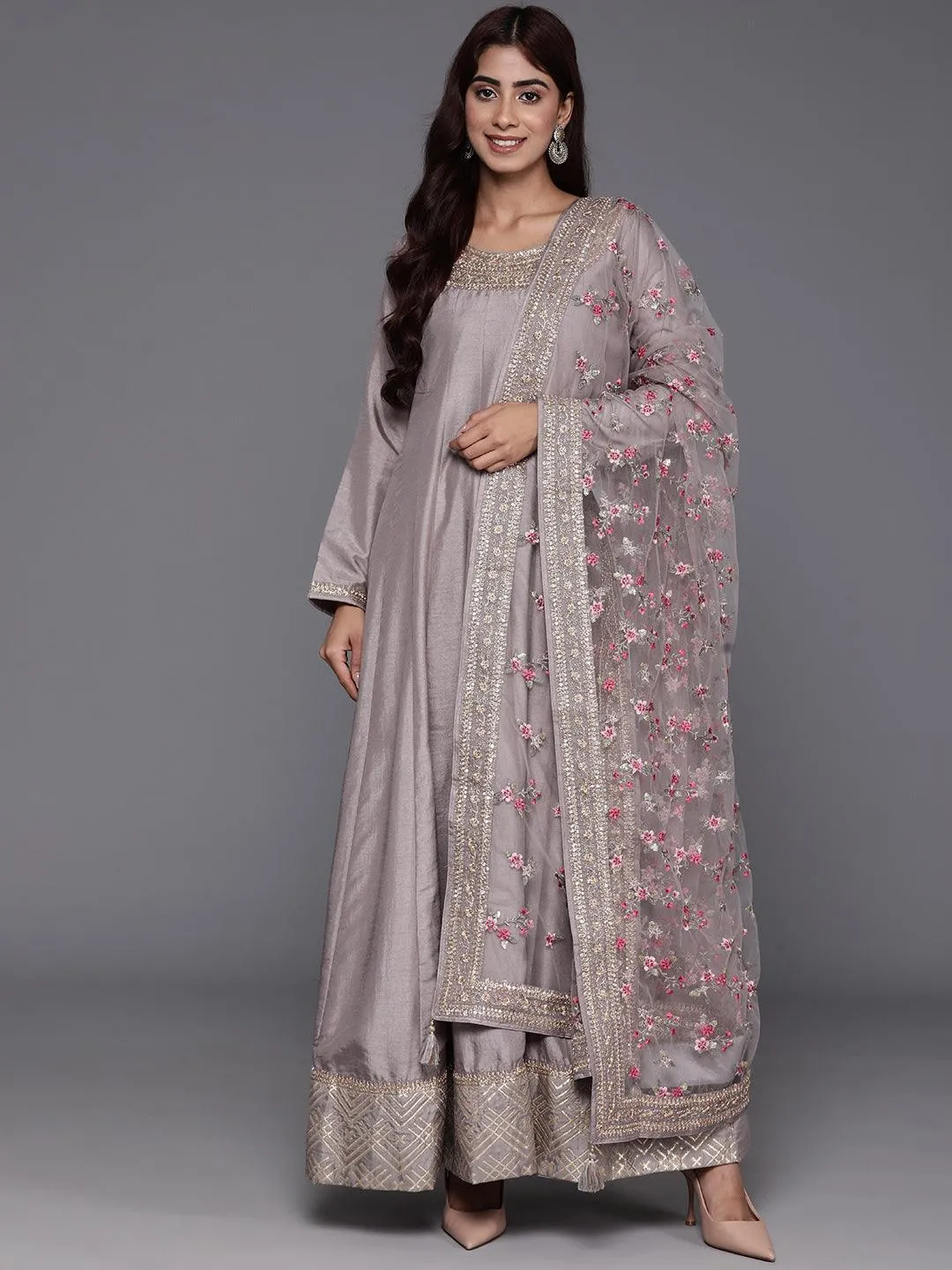 Libas Art Grey Yoke Design Silk Anarkali Suit With Dupatta