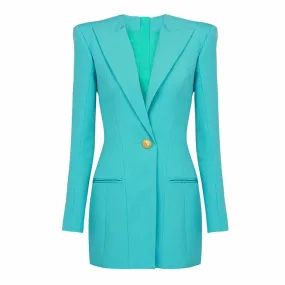 Light Blue Tailored Blazer Dress With Padded Shoulders Woman One Button Blazer Dress