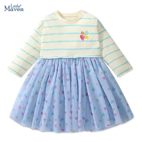 Little maven Kids Clothes Children's Clothing Baby Girls 2024 Autumn Cotton Long Sleeves Cartoon Hearts Princess Mesh Dresses