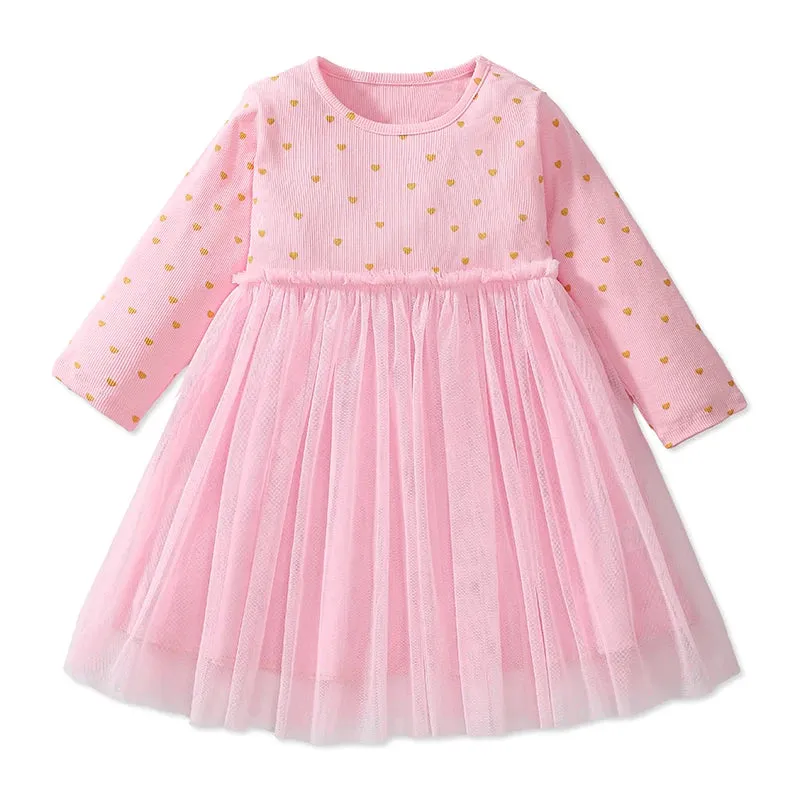 Little maven Kids Clothes Children's Clothing Baby Girls 2024 Autumn Cotton Long Sleeves Cartoon Hearts Princess Mesh Dresses