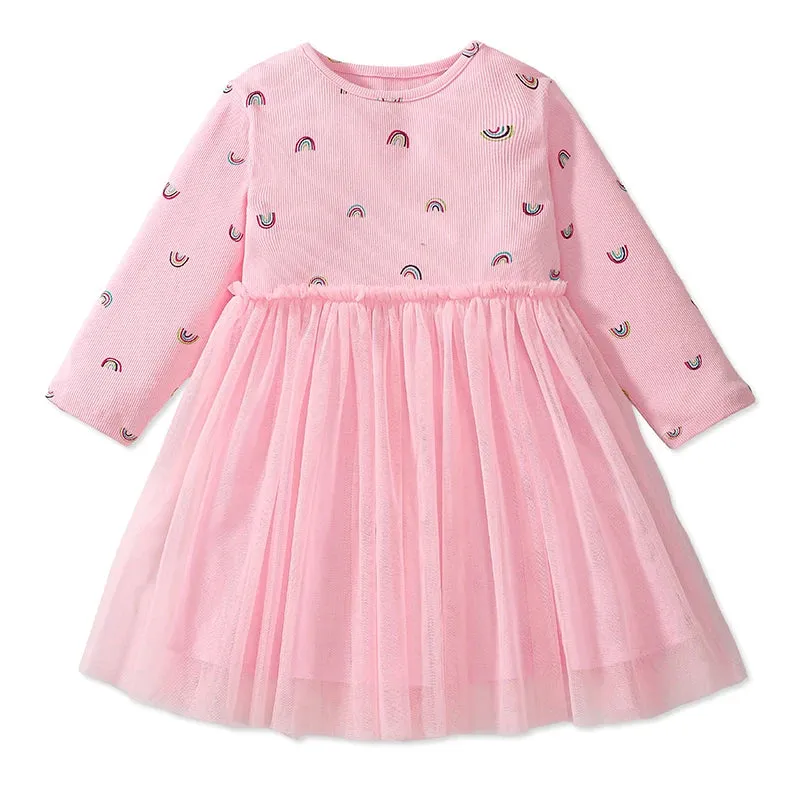 Little maven Kids Clothes Children's Clothing Baby Girls 2024 Autumn Cotton Long Sleeves Cartoon Hearts Princess Mesh Dresses