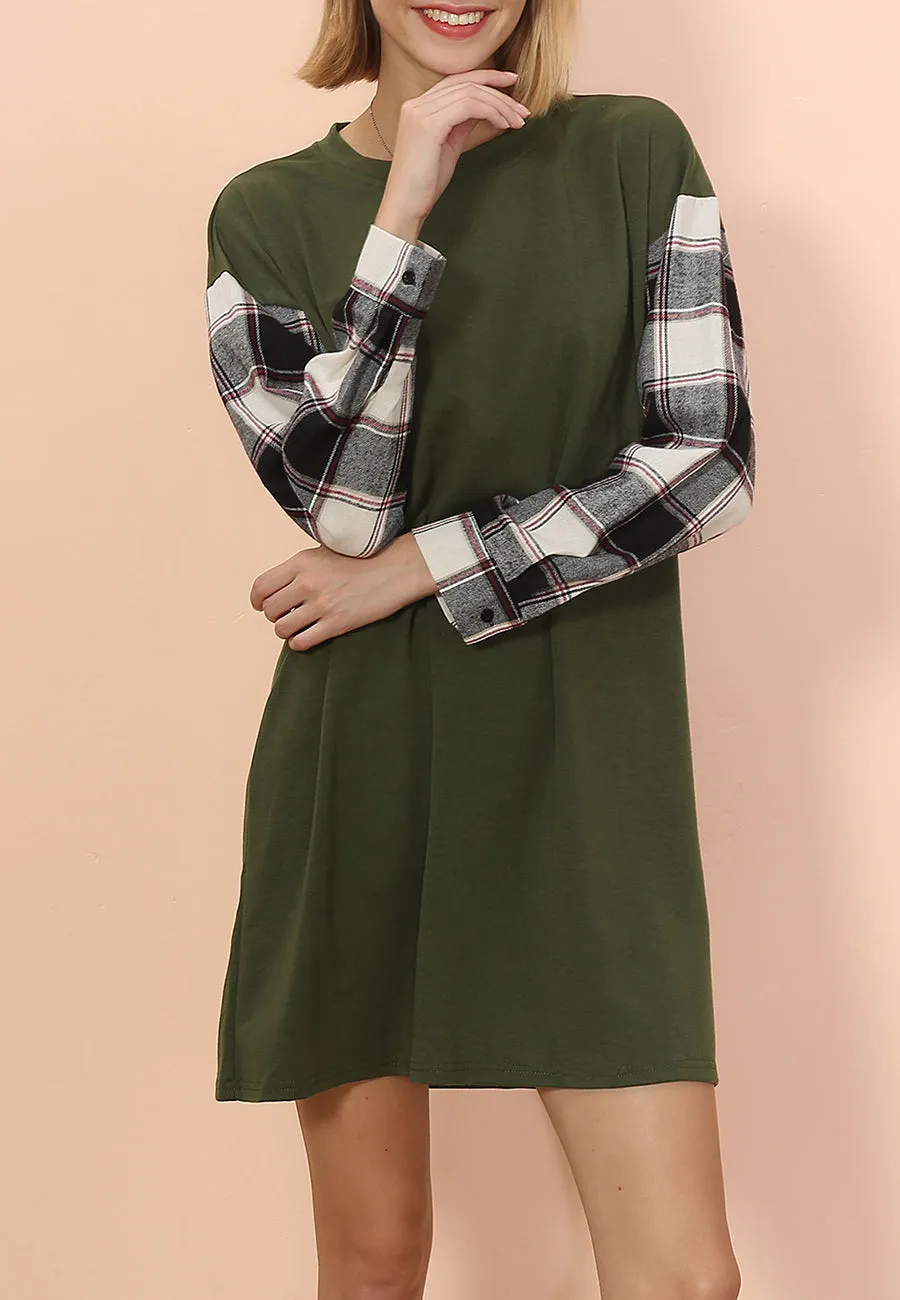 Long Sleeve Plaid Print T-Shirt Dress