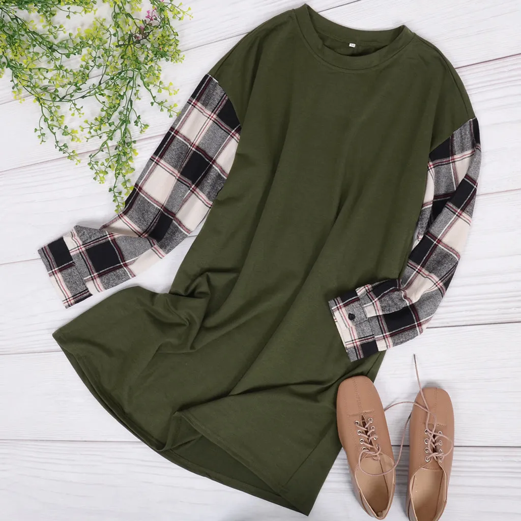 Long Sleeve Plaid Print T-Shirt Dress