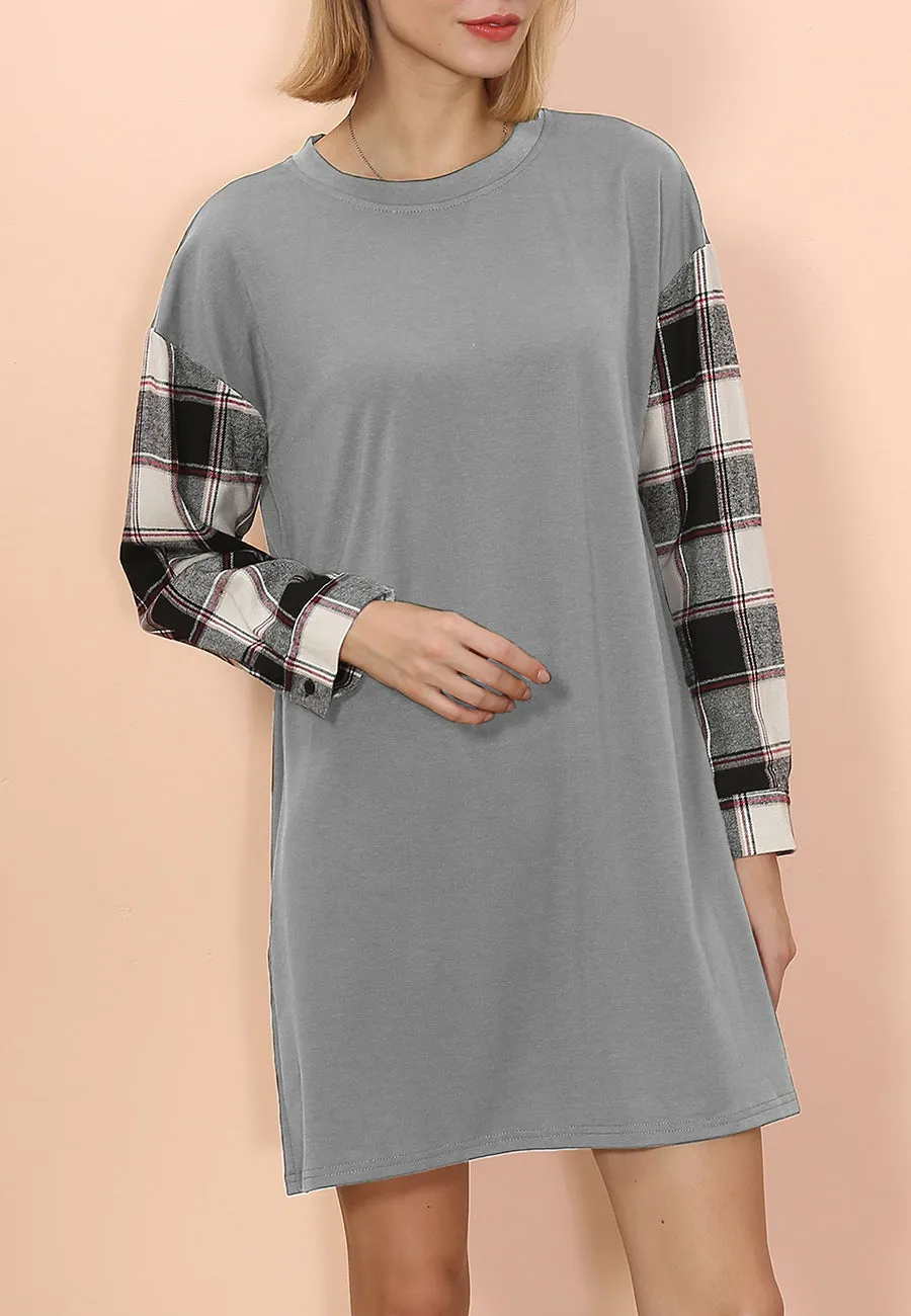 Long Sleeve Plaid Print T-Shirt Dress