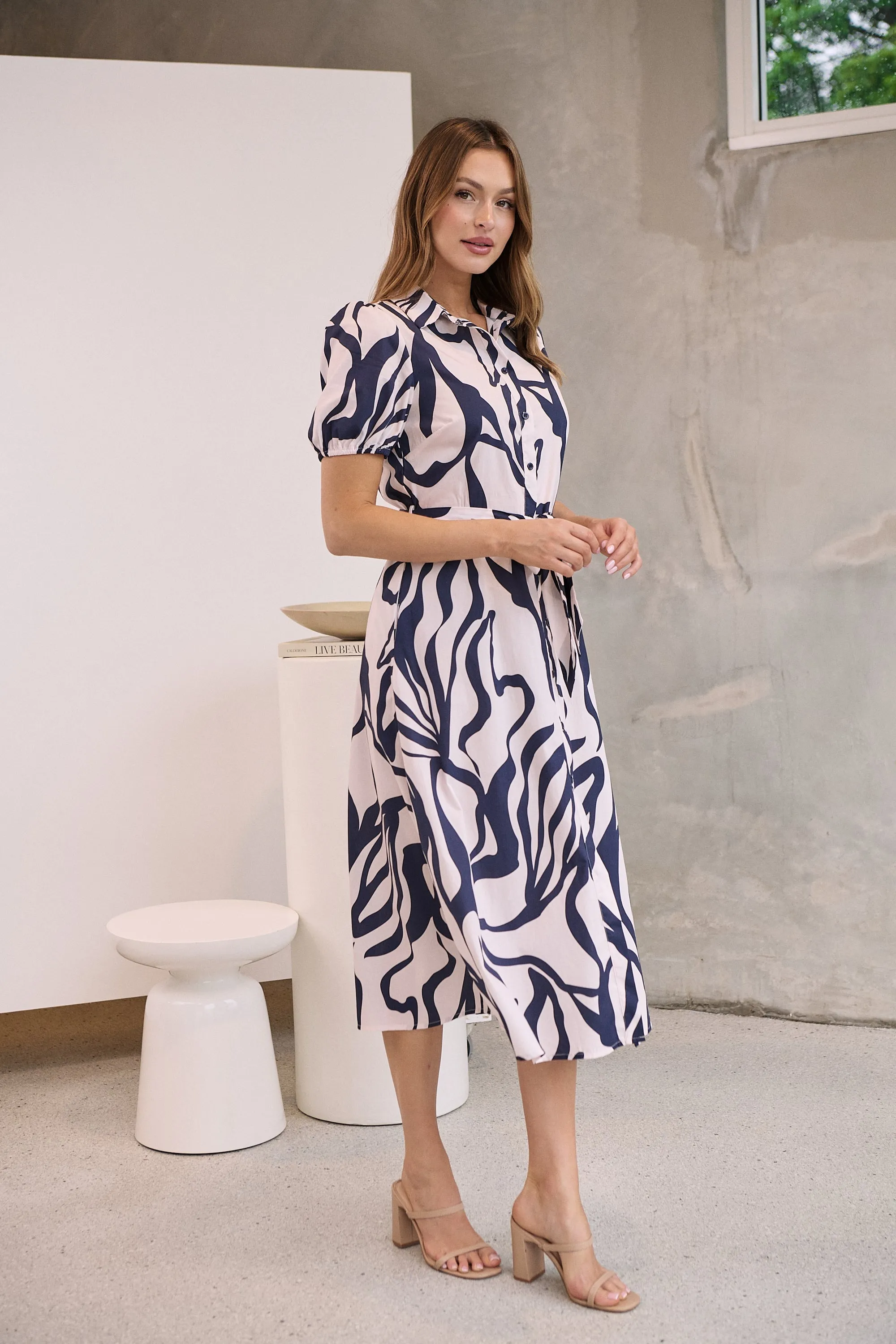 Margaret Navy Blue/Blush Mist Abstract Print Button Front Midi Dress