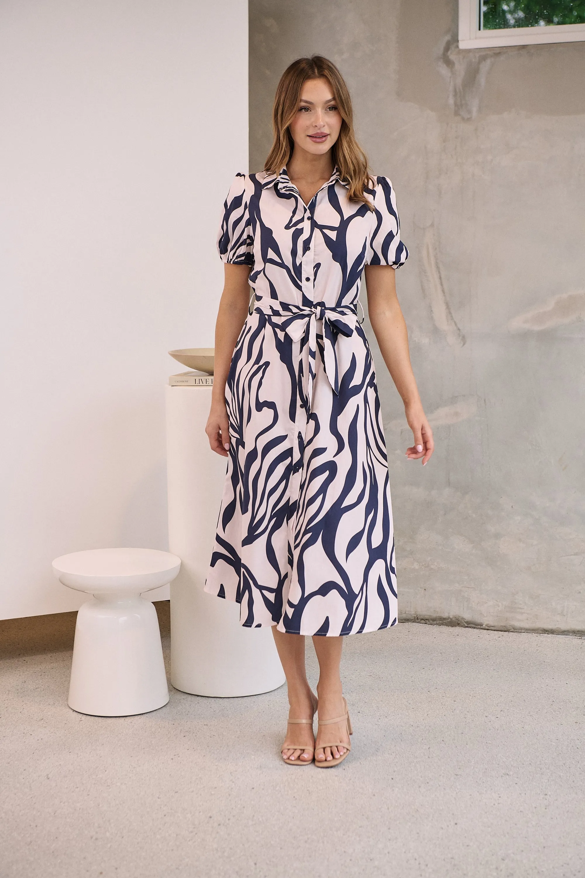 Margaret Navy Blue/Blush Mist Abstract Print Button Front Midi Dress