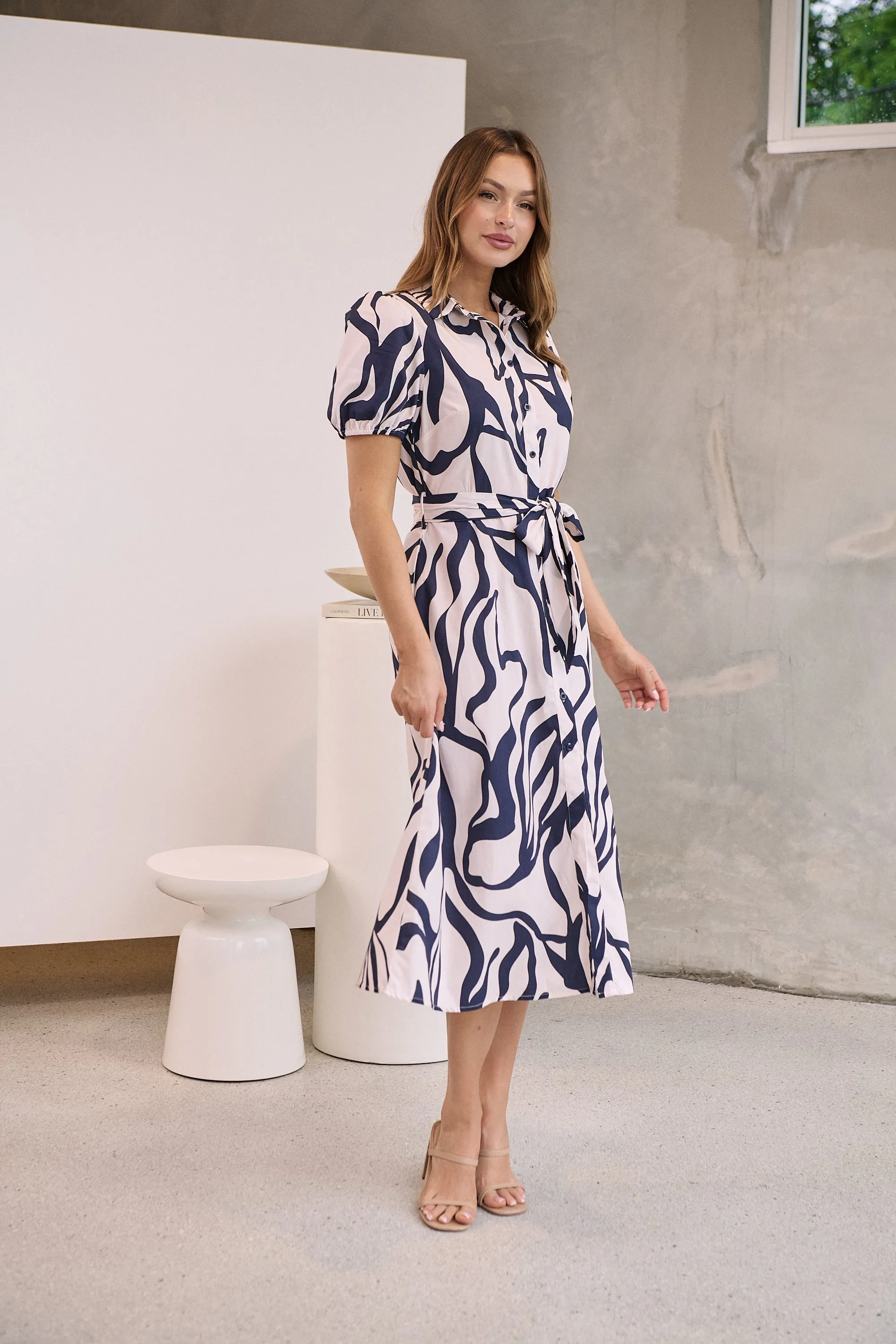 Margaret Navy Blue/Blush Mist Abstract Print Button Front Midi Dress