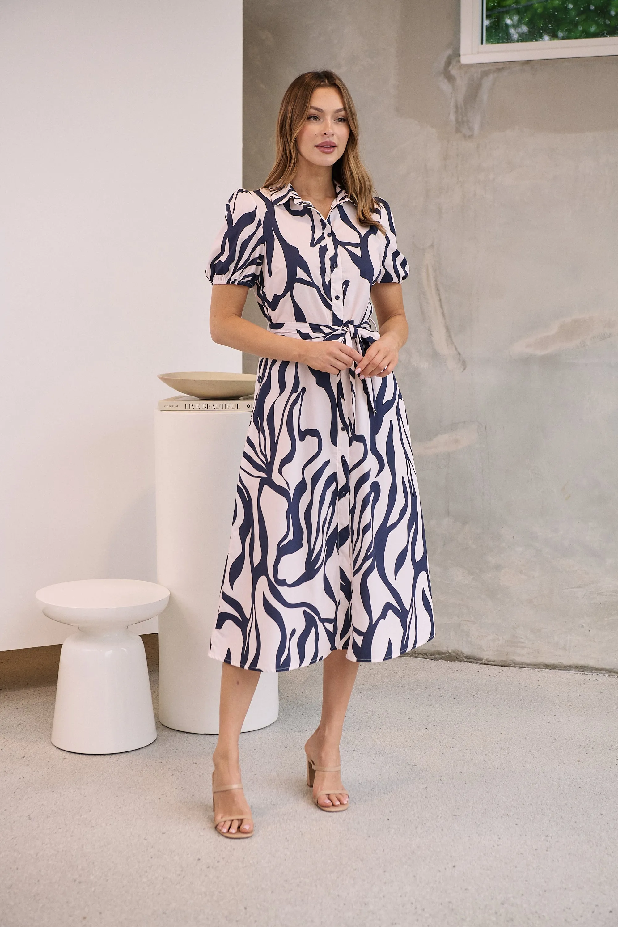 Margaret Navy Blue/Blush Mist Abstract Print Button Front Midi Dress