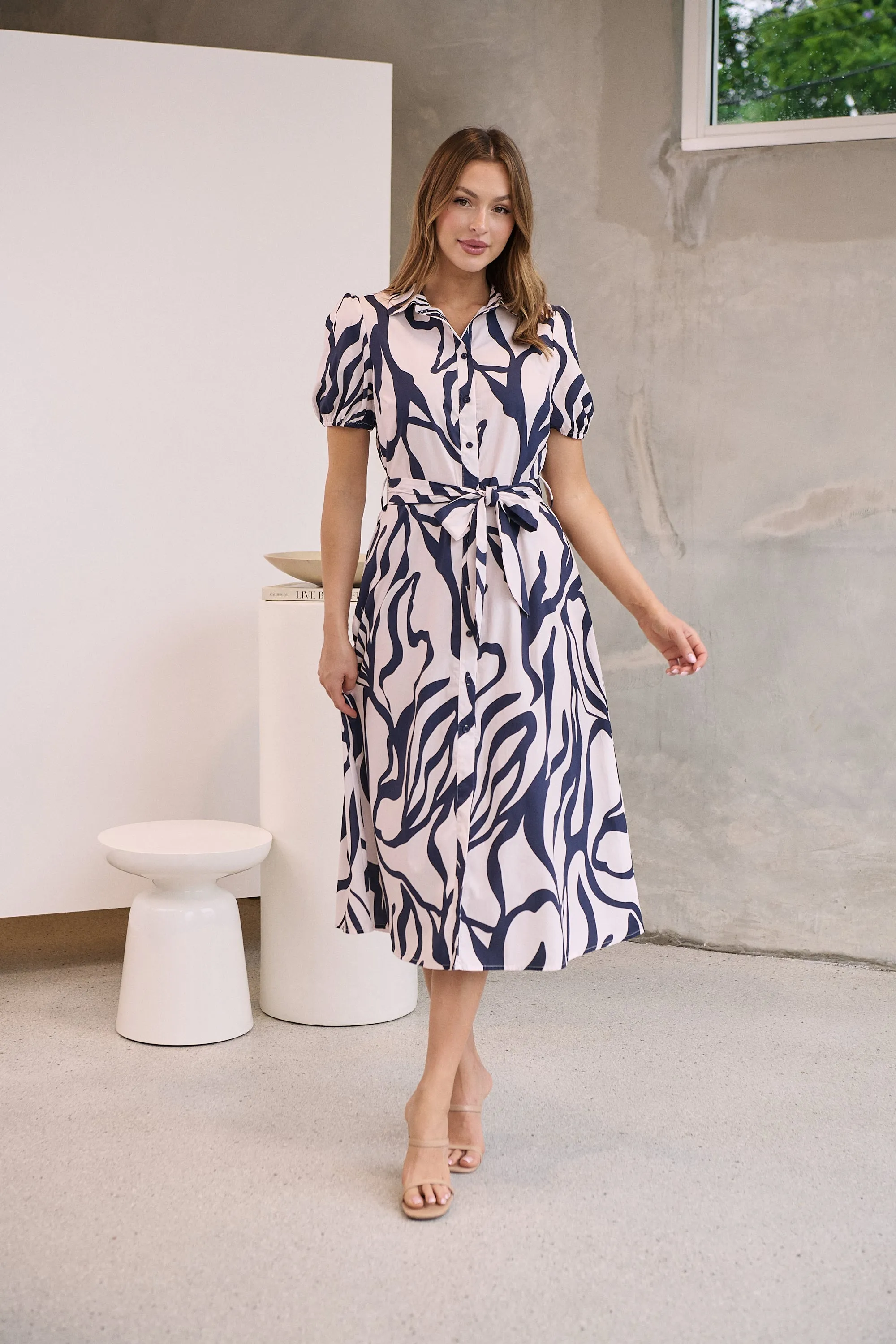 Margaret Navy Blue/Blush Mist Abstract Print Button Front Midi Dress