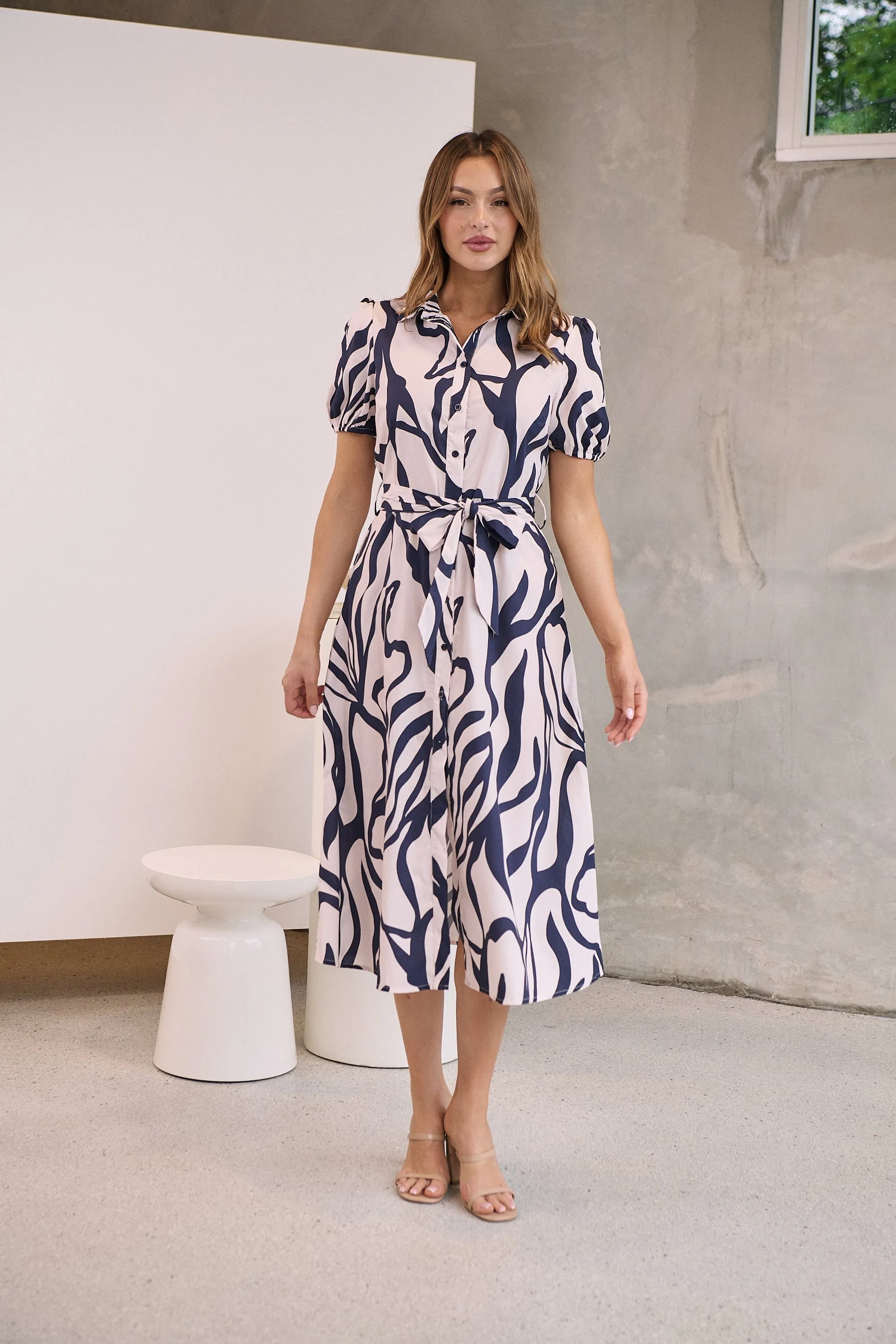 Margaret Navy Blue/Blush Mist Abstract Print Button Front Midi Dress