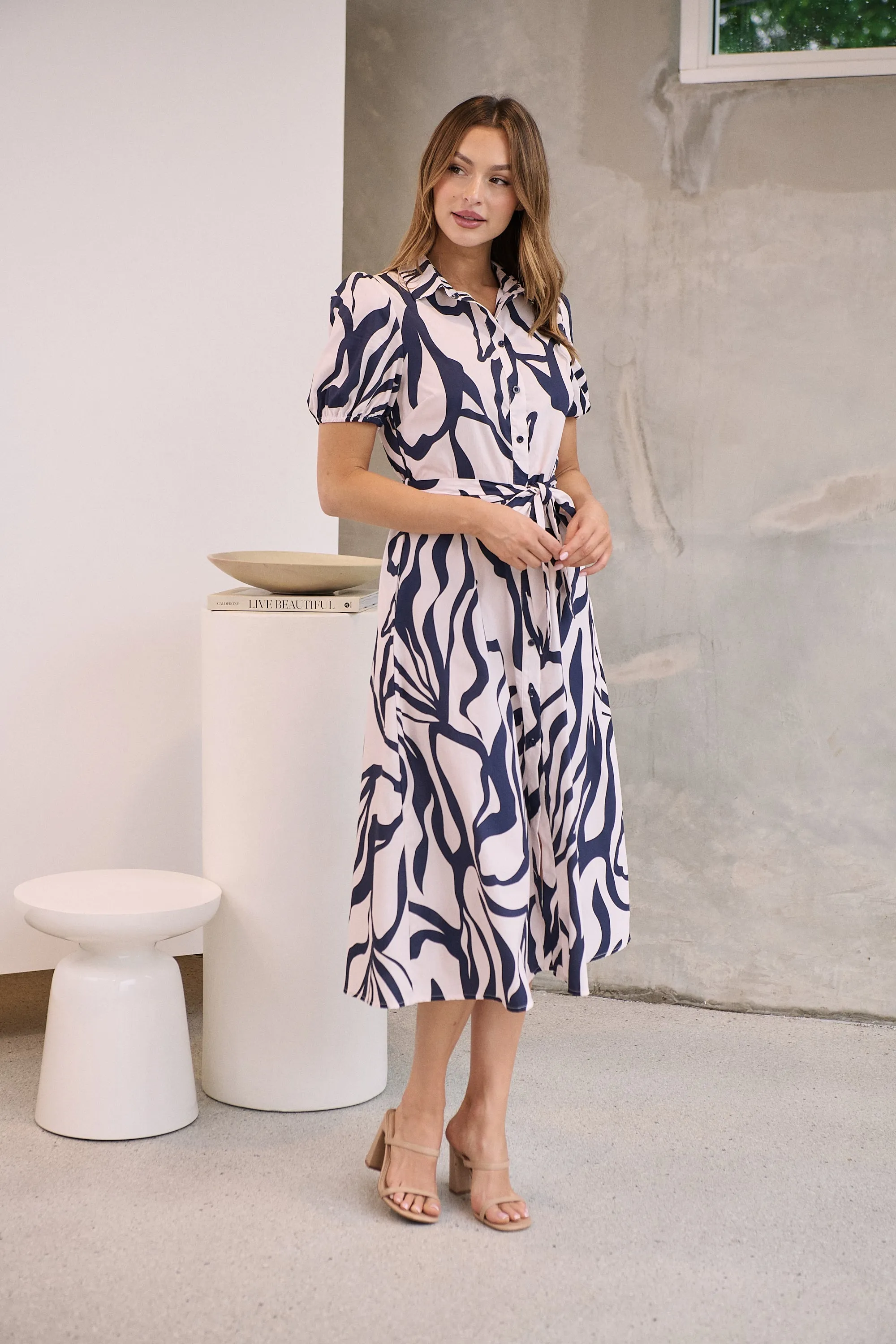 Margaret Navy Blue/Blush Mist Abstract Print Button Front Midi Dress