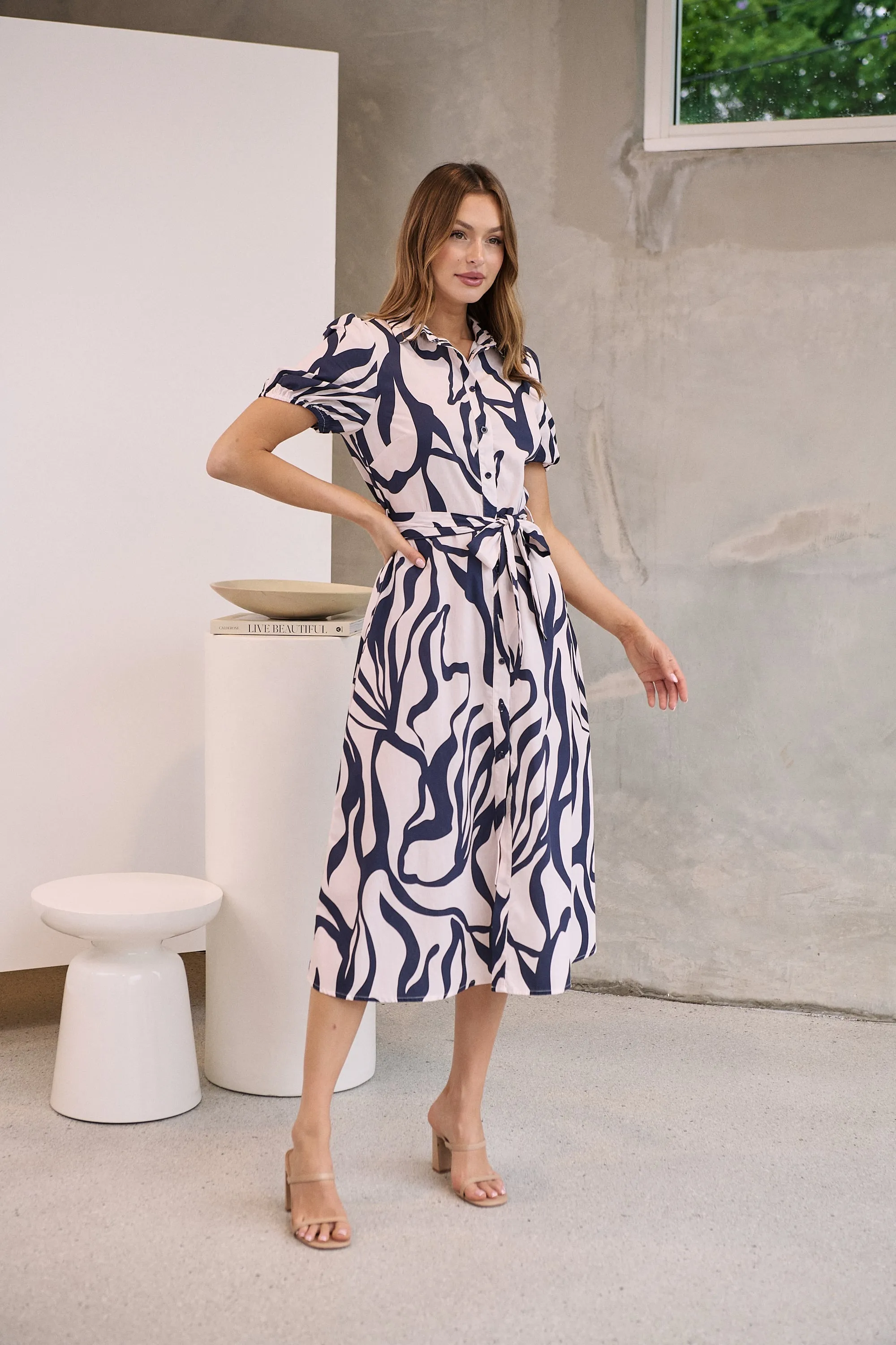 Margaret Navy Blue/Blush Mist Abstract Print Button Front Midi Dress