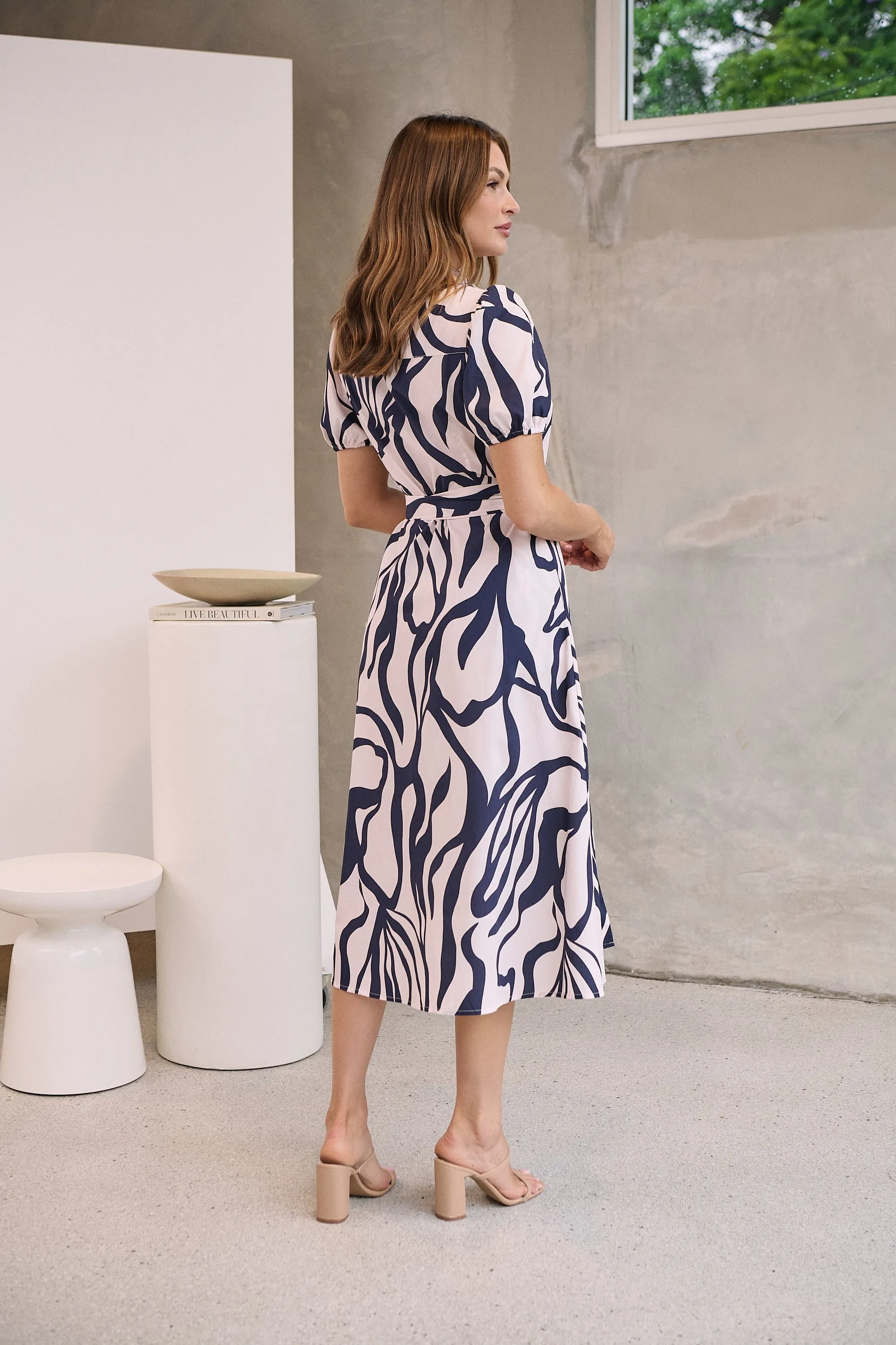 Margaret Navy Blue/Blush Mist Abstract Print Button Front Midi Dress