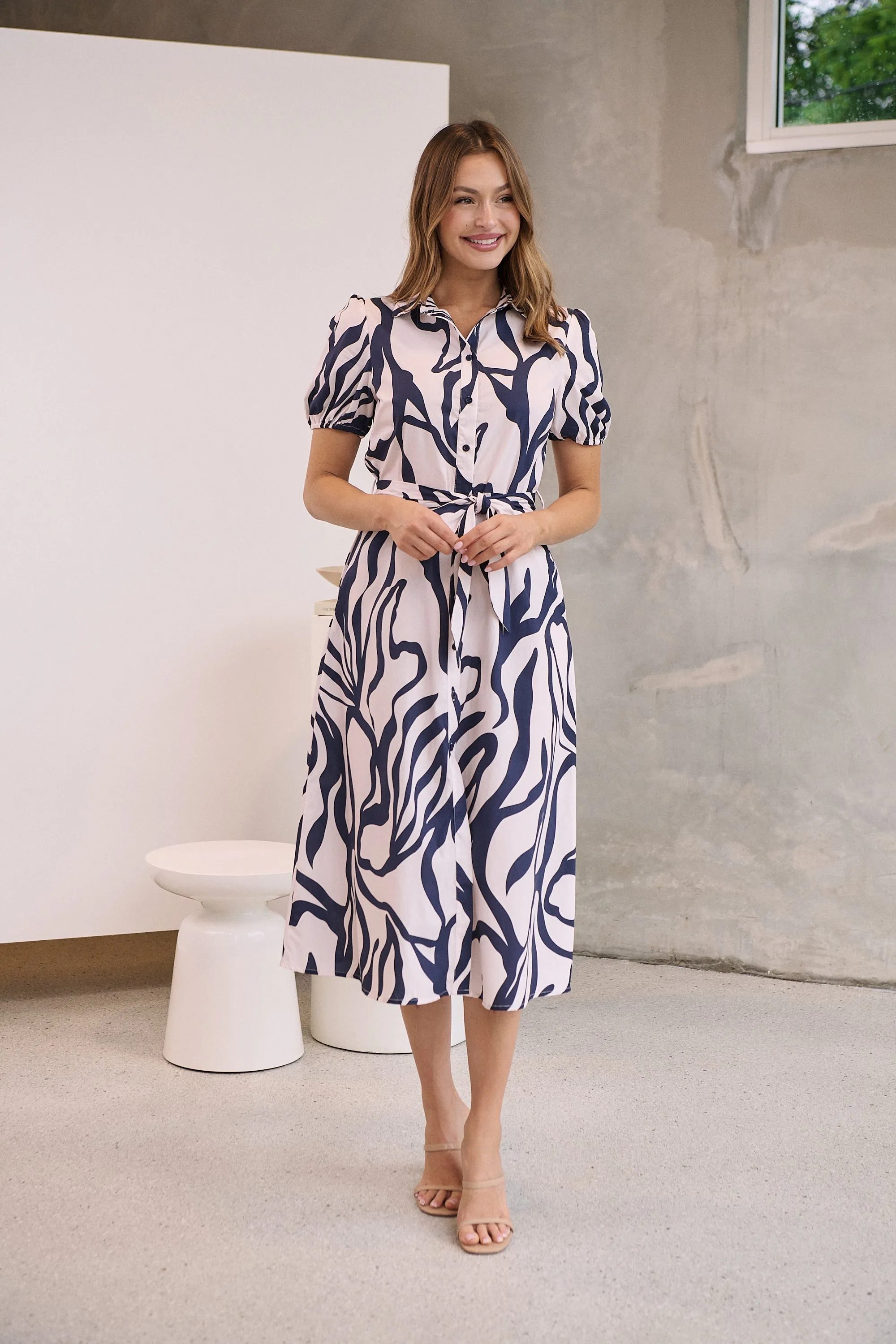 Margaret Navy Blue/Blush Mist Abstract Print Button Front Midi Dress