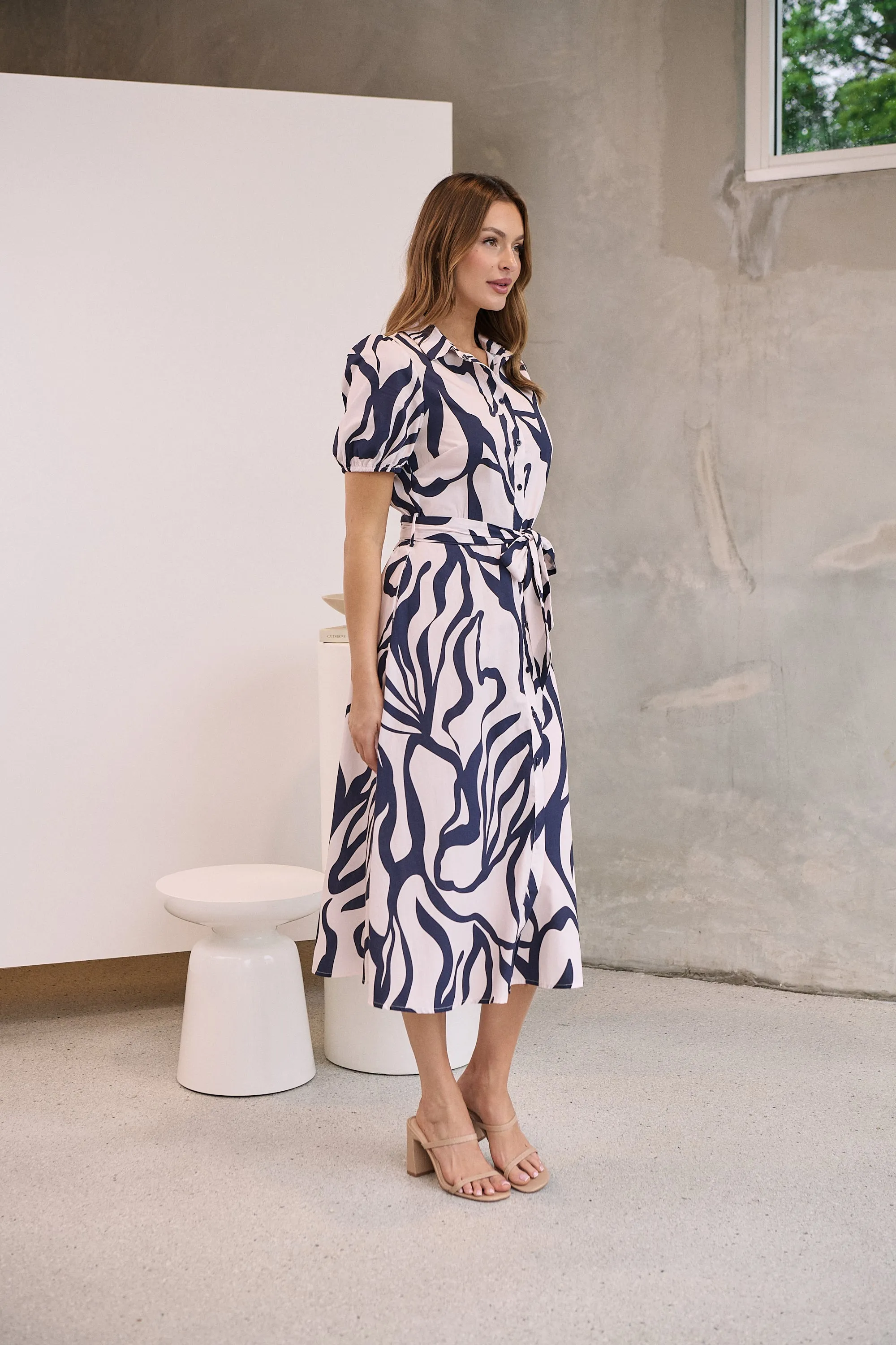 Margaret Navy Blue/Blush Mist Abstract Print Button Front Midi Dress