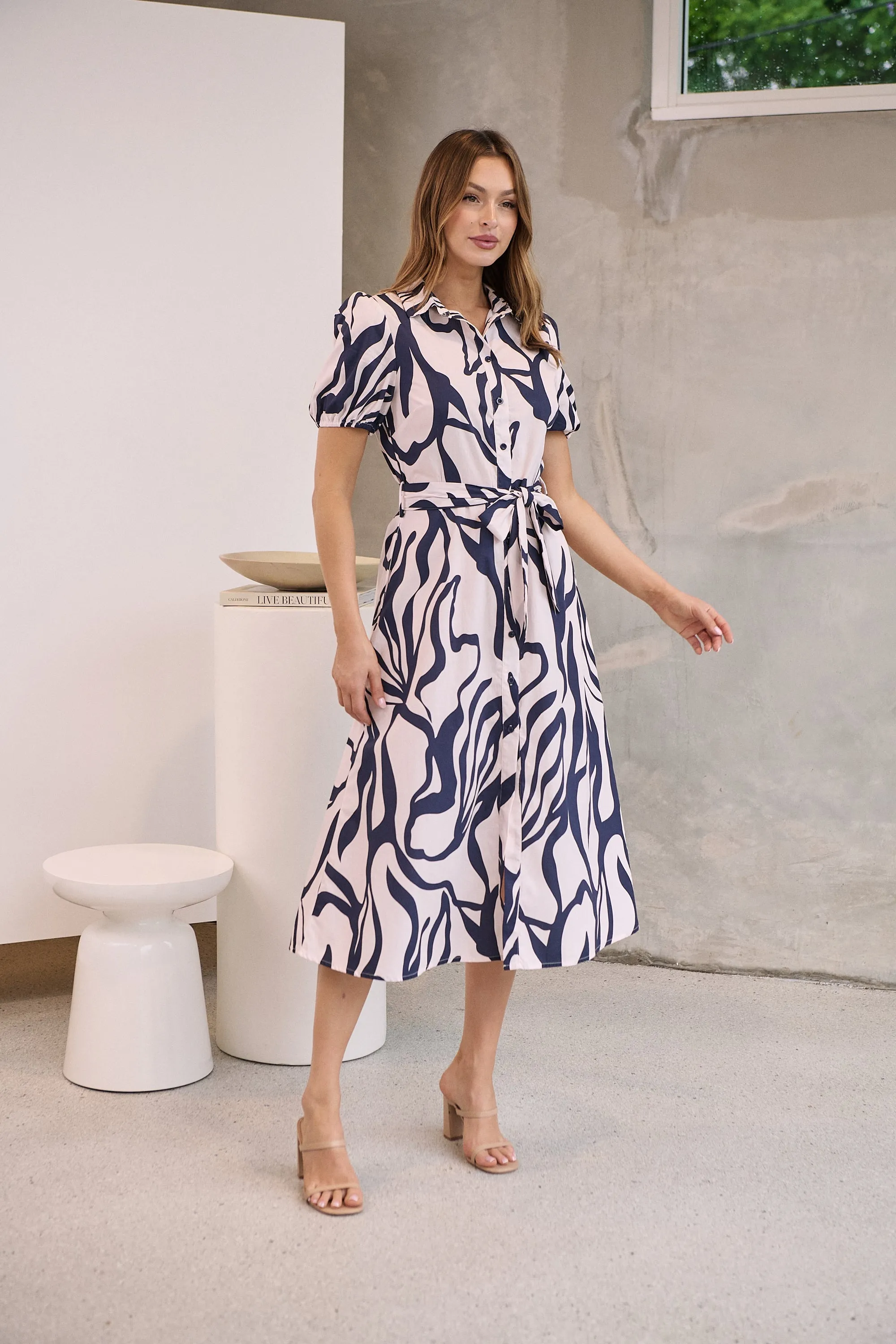 Margaret Navy Blue/Blush Mist Abstract Print Button Front Midi Dress