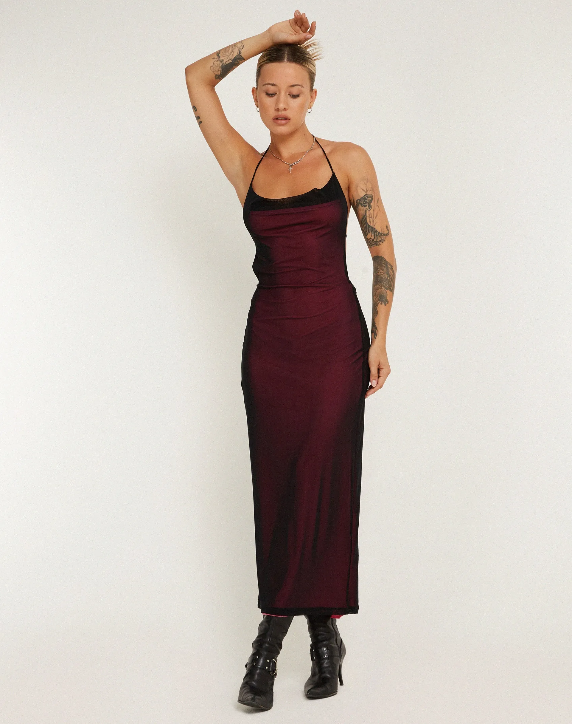 Mayra Maxi Dress in Black with Magenta Lining