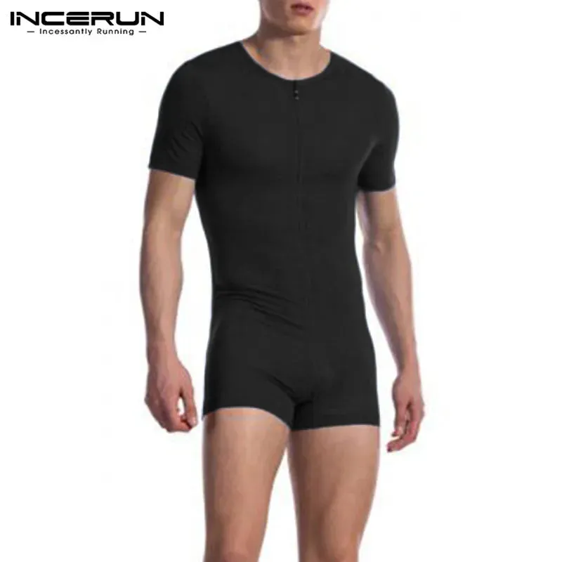 Men Pajamas Rompers Solid V Neck Zipper Fitness Short Sleeve Cozy Homewear Playsuits Leisure Men Jumpsuit Sleepwear INCERUN 7