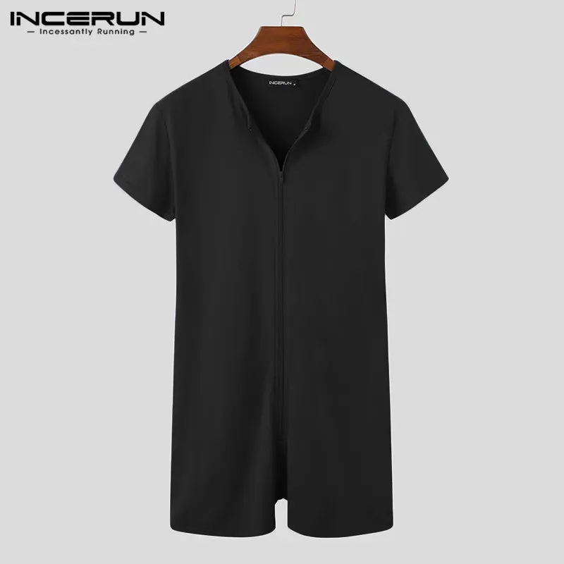 Men Pajamas Rompers Solid V Neck Zipper Fitness Short Sleeve Cozy Homewear Playsuits Leisure Men Jumpsuit Sleepwear INCERUN 7