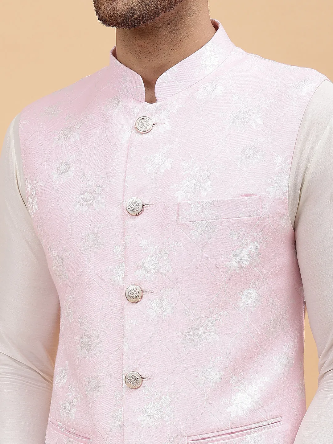 Men Pink & Gold Woven Design Jacquard Neharu Jacket