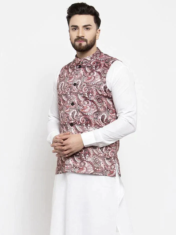 Men Pink Printed Satin Nehru Jacket