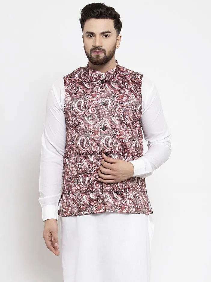 Men Pink Printed Satin Nehru Jacket